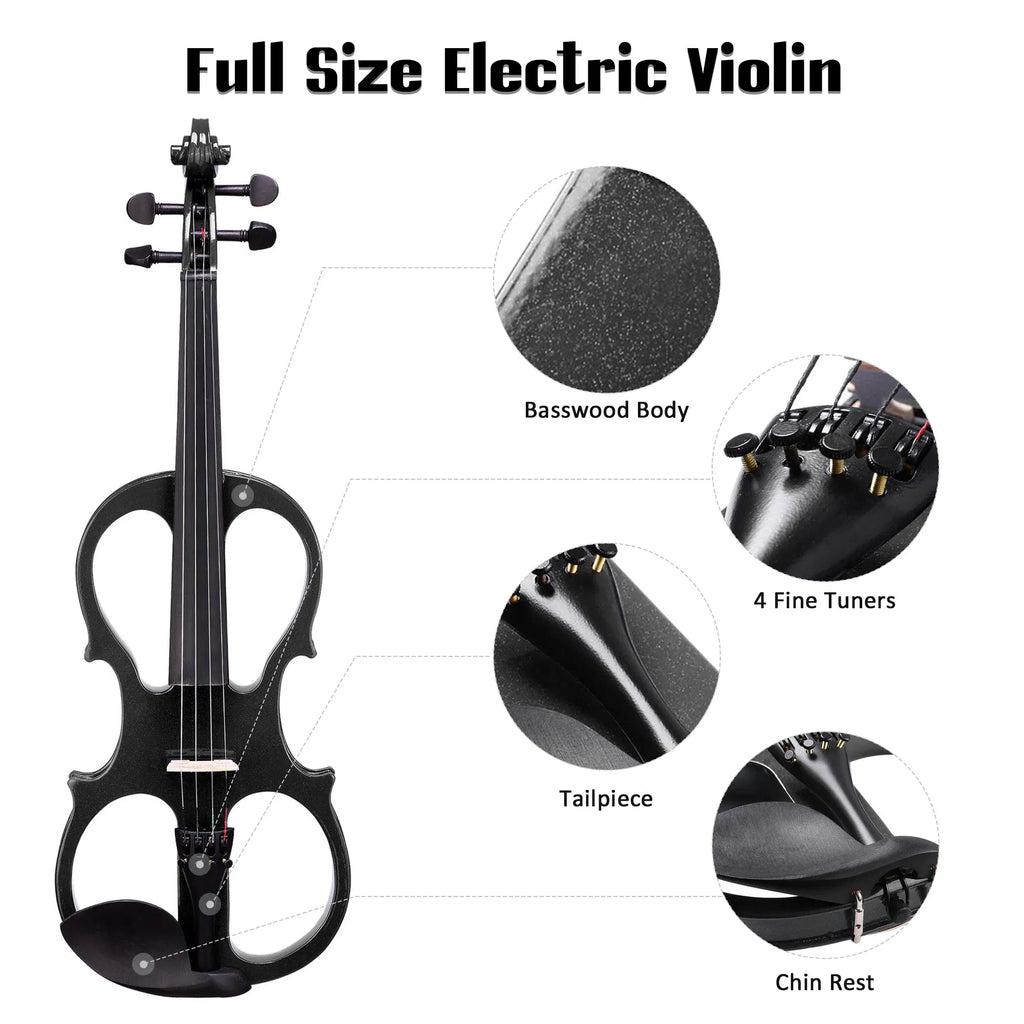 Full-Size 4/4 Electric Violin Kit with Case, Bow and Headphones, Black