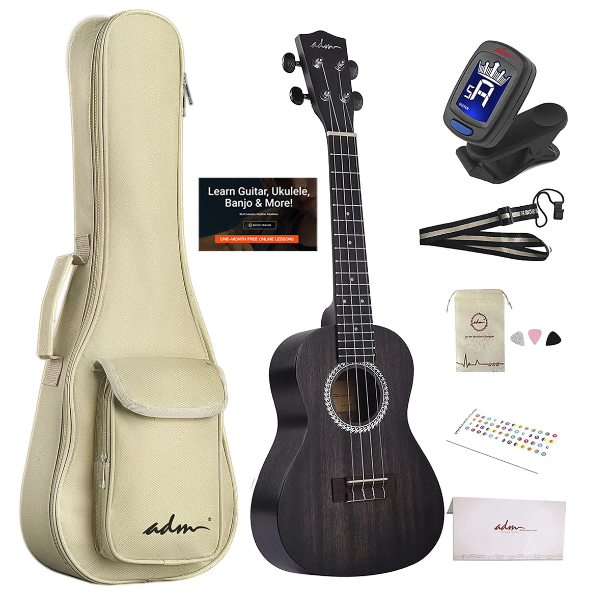 23-Inch Concert Mahogany Ukulele Starter Kit, Matte Black
