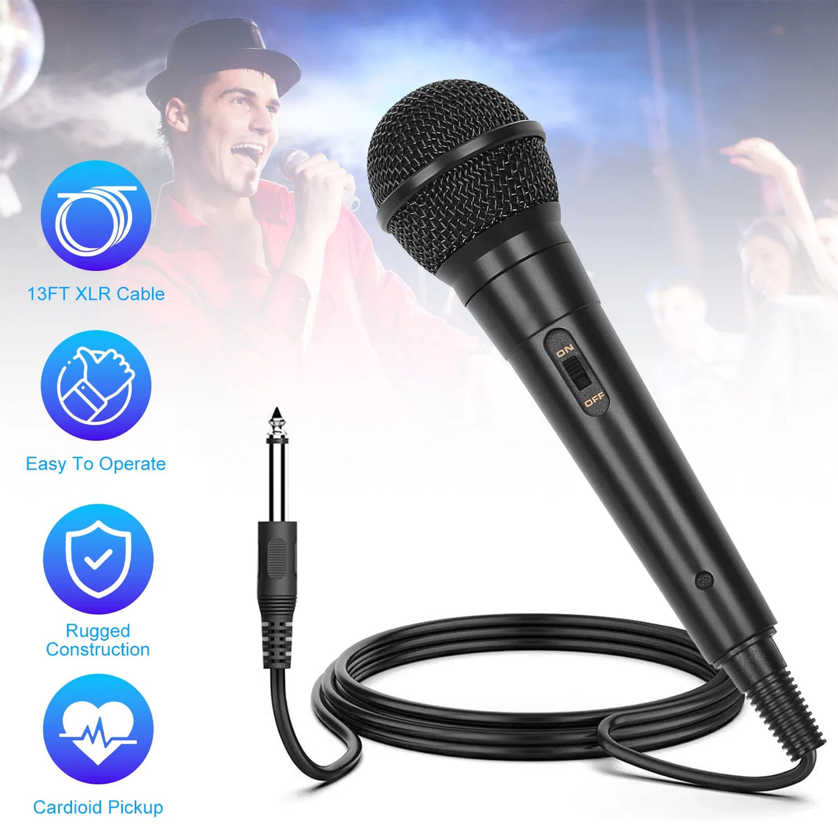Wired Dynamic Vocal Microphone with On/Off Switch and 13 ft Cable